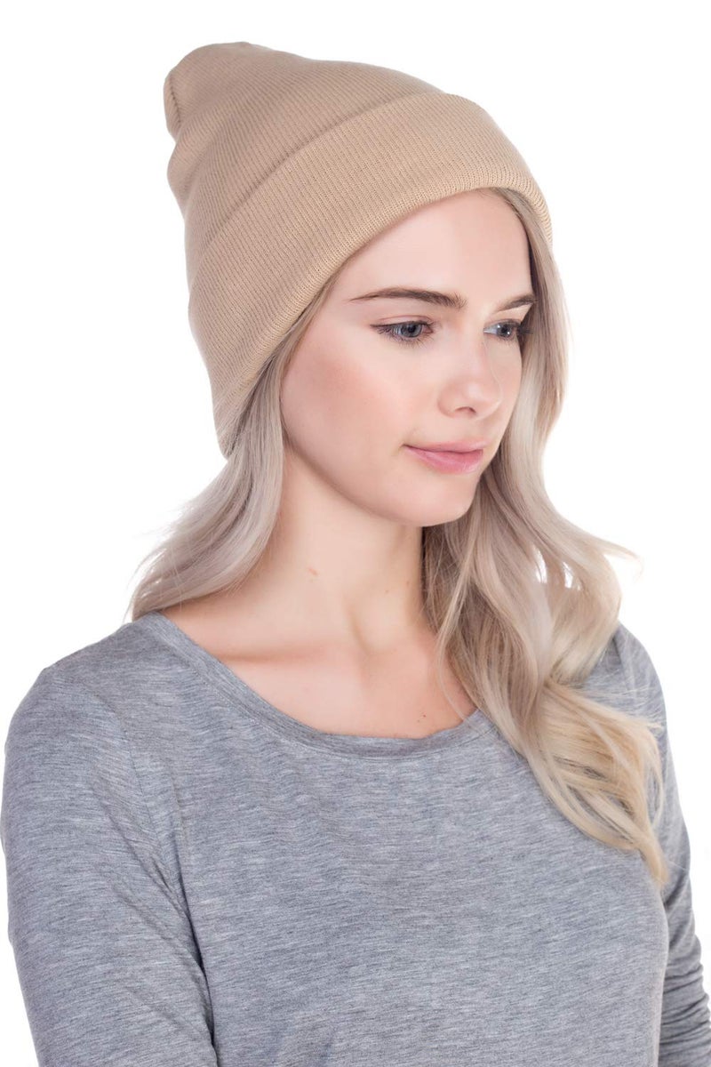 Top Level Beanie Men Women - Unisex Cuffed Plain Skull Knit Hat Cap, Khaki - Image 3
